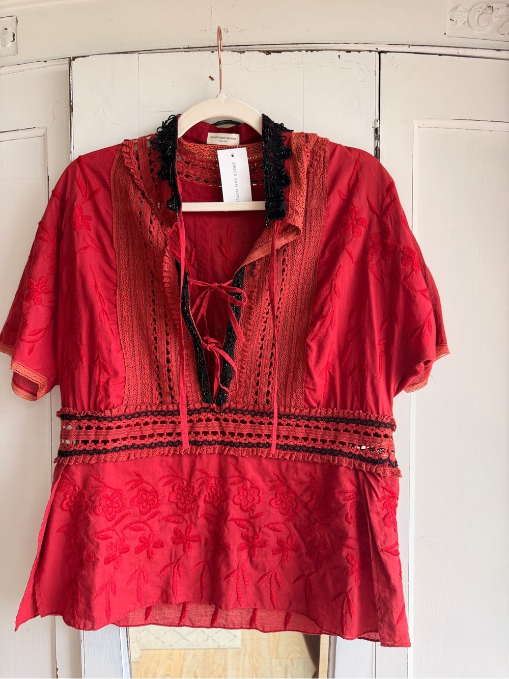 Dries Van Noten Red Crocheted Neckline Blouse